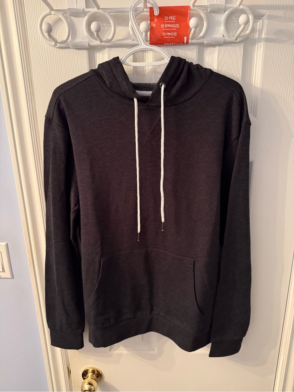 Men's Dark Grey Hooded Pullover Sweatshirt with White Drawcords